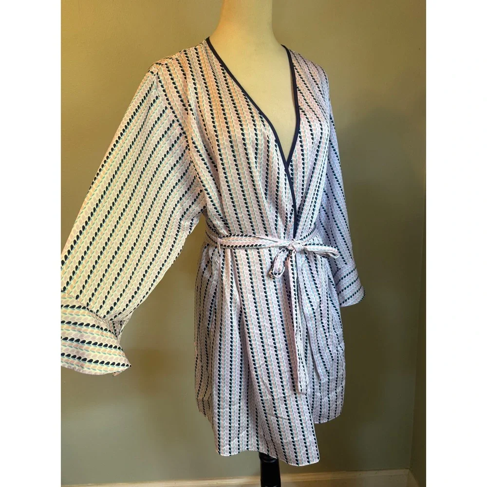 Kate Spade Heart Stripe Robe Pink Blue Satin Short Wrap Belted M y2k preppy boho